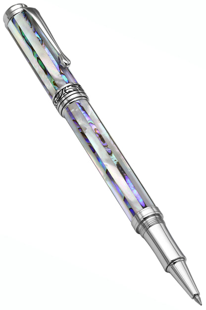 Maestro Jubilee mother-of-pearl Abalone rollerball pen uncapped at a -45 degree angle