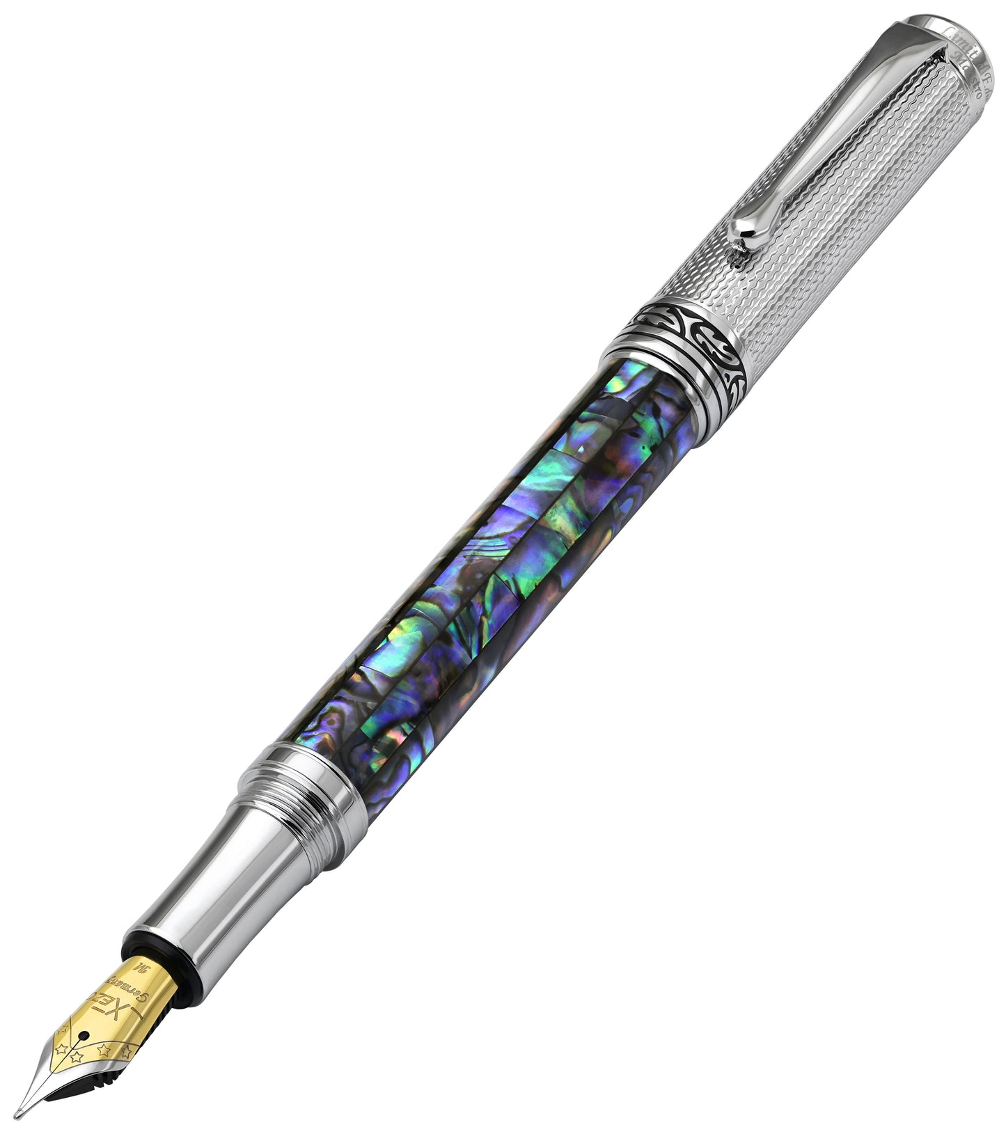 Xezo - Angled front view of the Maestro Paua Abalone Chrome FM fountain pen, with the cap posted on the end of the barrel