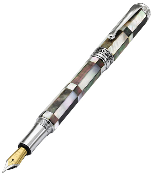 Xezo - Angled front view of the Maestro BW MOP FM1 fountain pen, with the cap posted on the end of the barrel