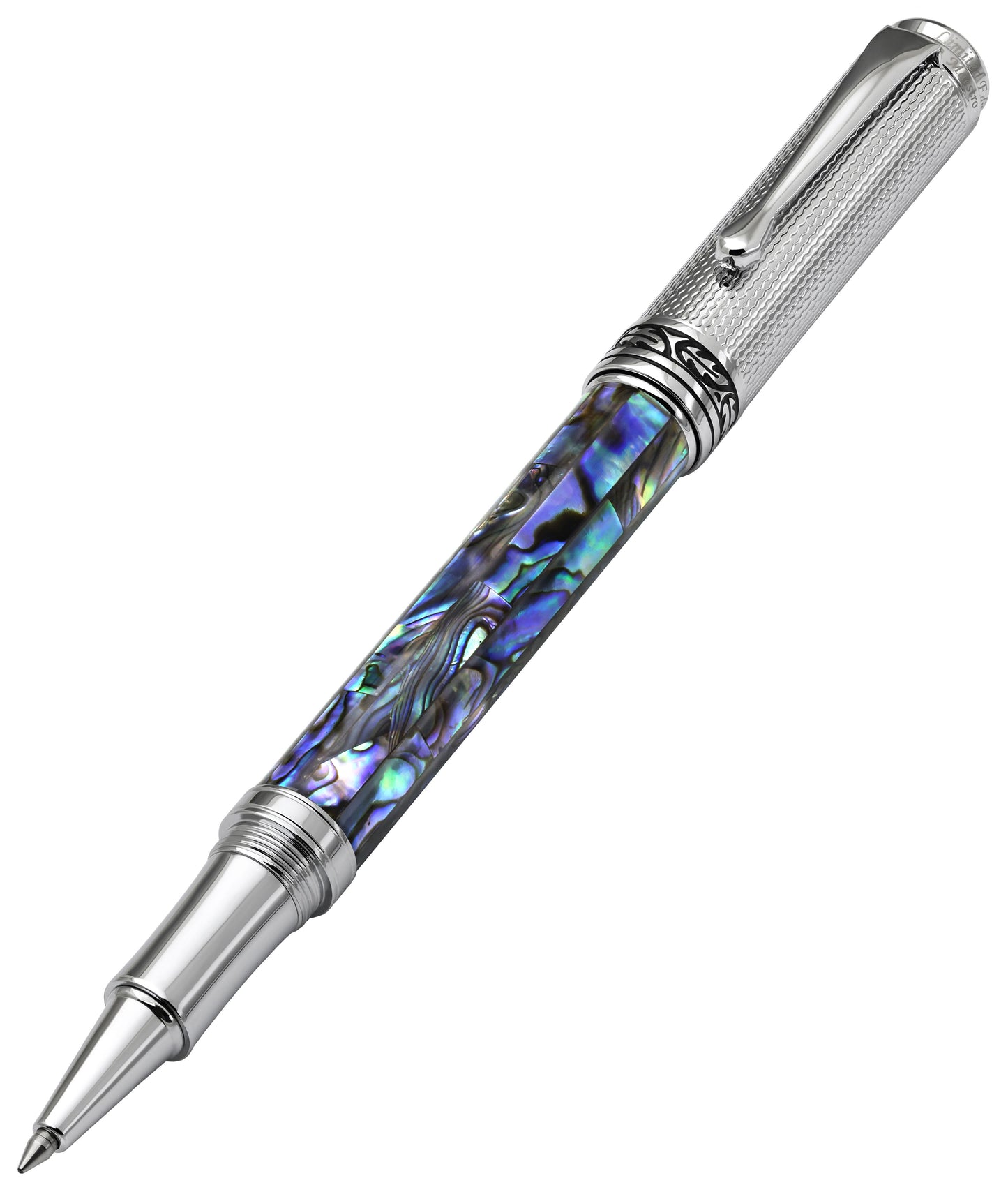 Xezo - Angled front view of the Maestro Paua Abalone Chrome R rollerball pen, with the cap posted on the end of the barrel