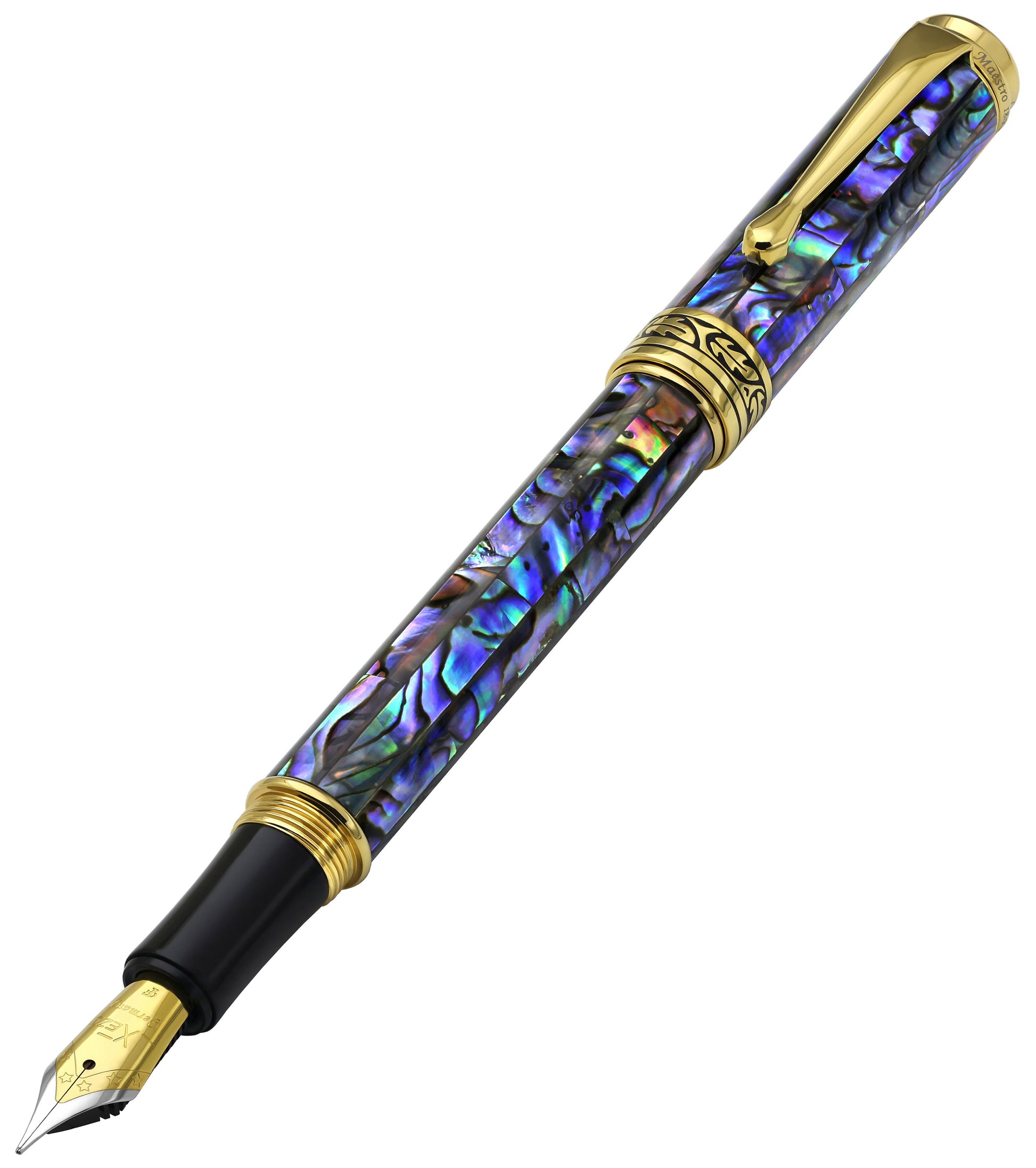 Xezo - Angled front view of the Maestro Sea Shell FPG-1 fountain pen, with the cap posted on the end of the barrel