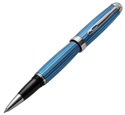 Xezo - Front angled view of the Freelancer Venetian Blue R rollerball pen, with the cap posted on the end of the barrel