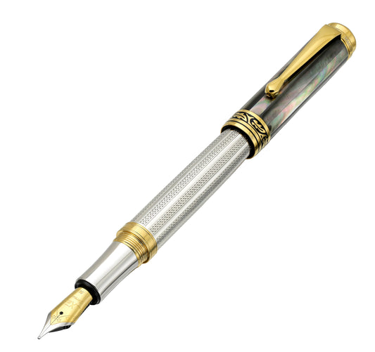 Xezo - Angled front view of the Maestro 925 BL MOP FMG fountain pen