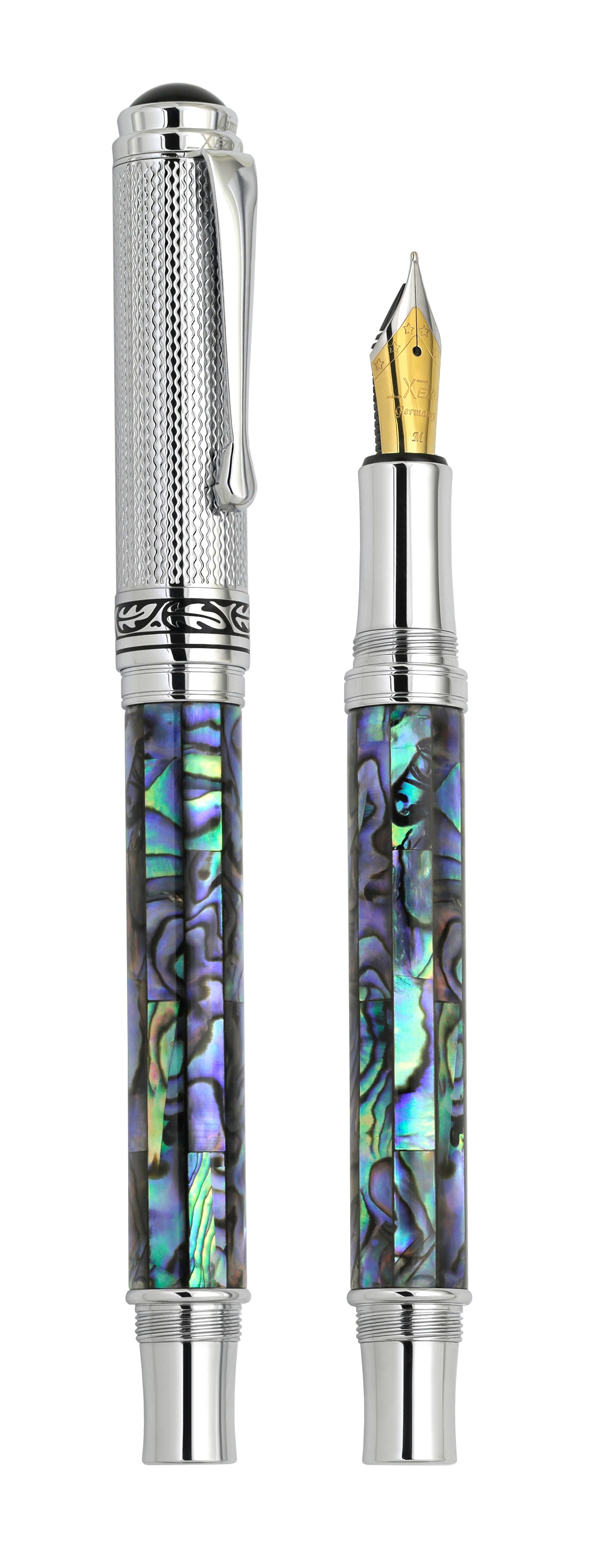Xezo - Vertical view of two Maestro Paua Abalone Chrome FM fountain pens. The pen on the left is capped, and the pen on the right has no cap