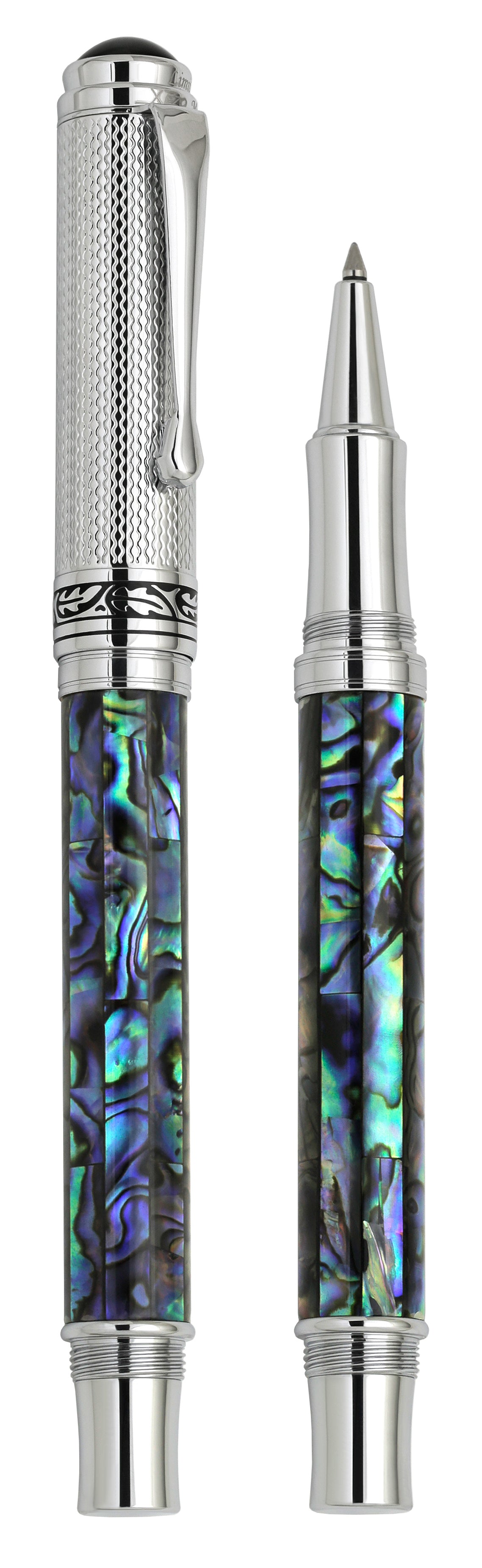 Xezo - Vertical view of two Maestro Paua Abalone Chrome R rollerball pens. The pen on the left is capped, and the pen on the right has no cap