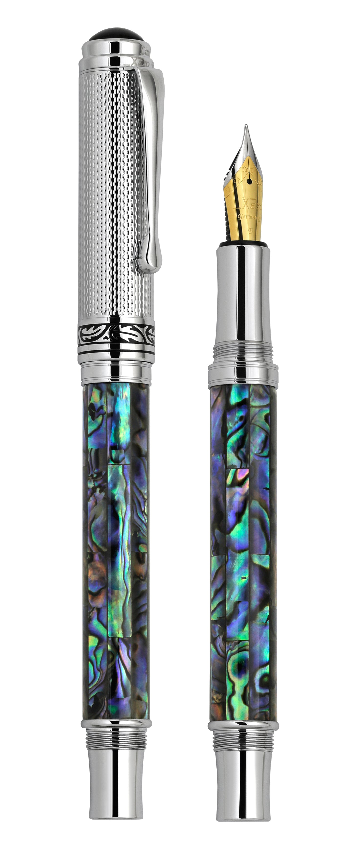Xezo - Vertical view of two Maestro Paua Abalone Chrome F fountain pens. The pen on the left is capped, and the pen on the right has no cap