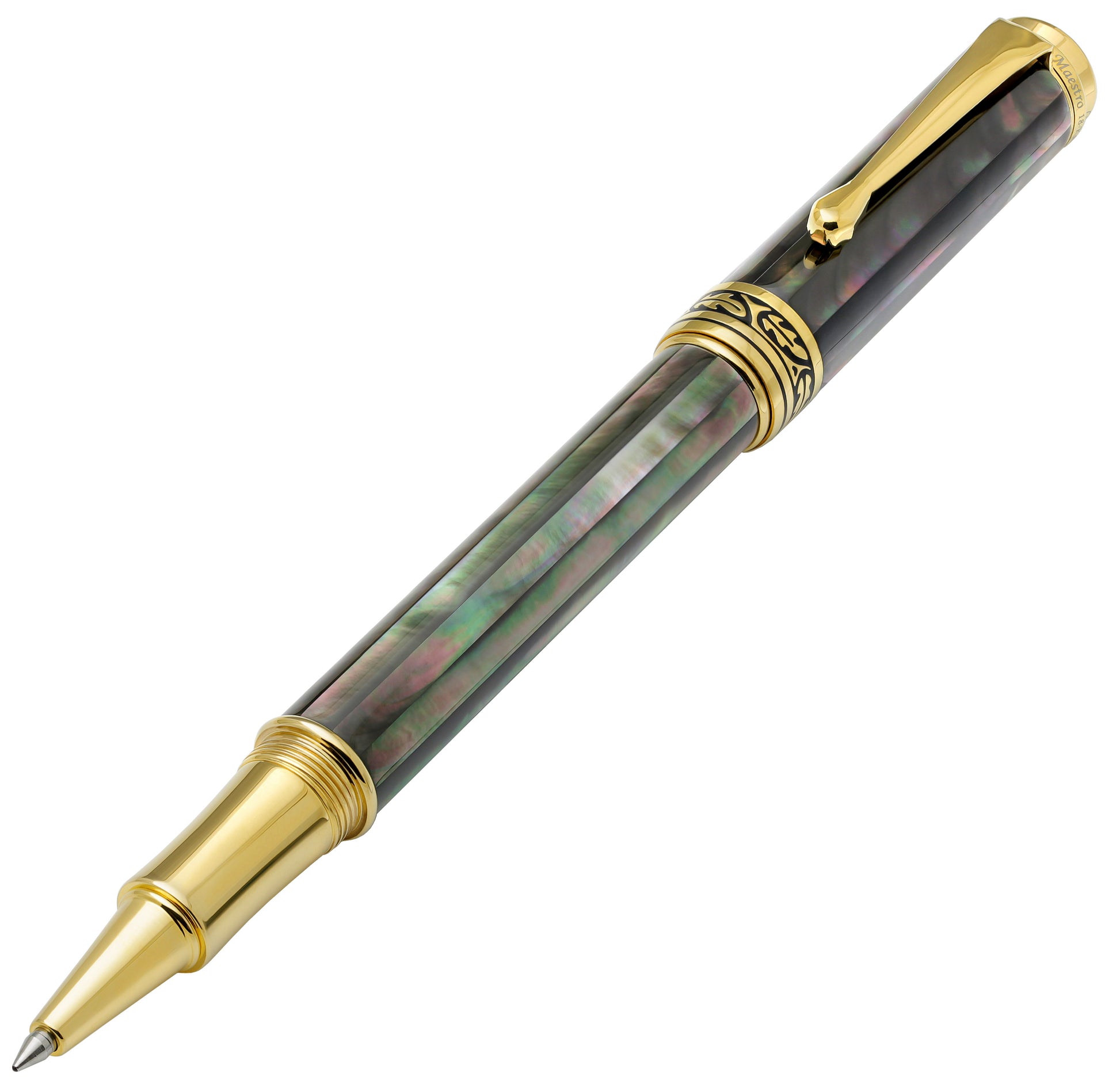 Xezo - Angled front view of the Maestro Tahitian Black MOP R rollerball pen, with the cap posted on the end of the barrel