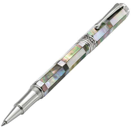 Xezo - Angled front view (facing left) of the Maestro BW MOP R1 rollerball pen, with the cap posted on the end of the barrel