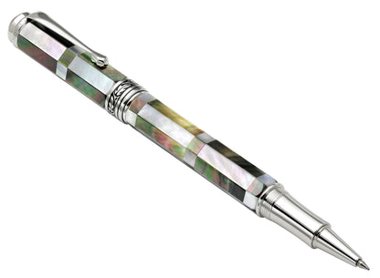 Xezo - Angled front view (facing right) of the Maestro BW MOP R1 rollerball pen, with the cap posted on the end of the barrel