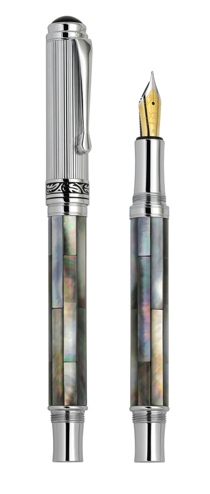 Xezo - Vertical view of two Maestro Black MOP Chrome FM fountain pens. The pen on the left is capped, and the pen on the right has no cap