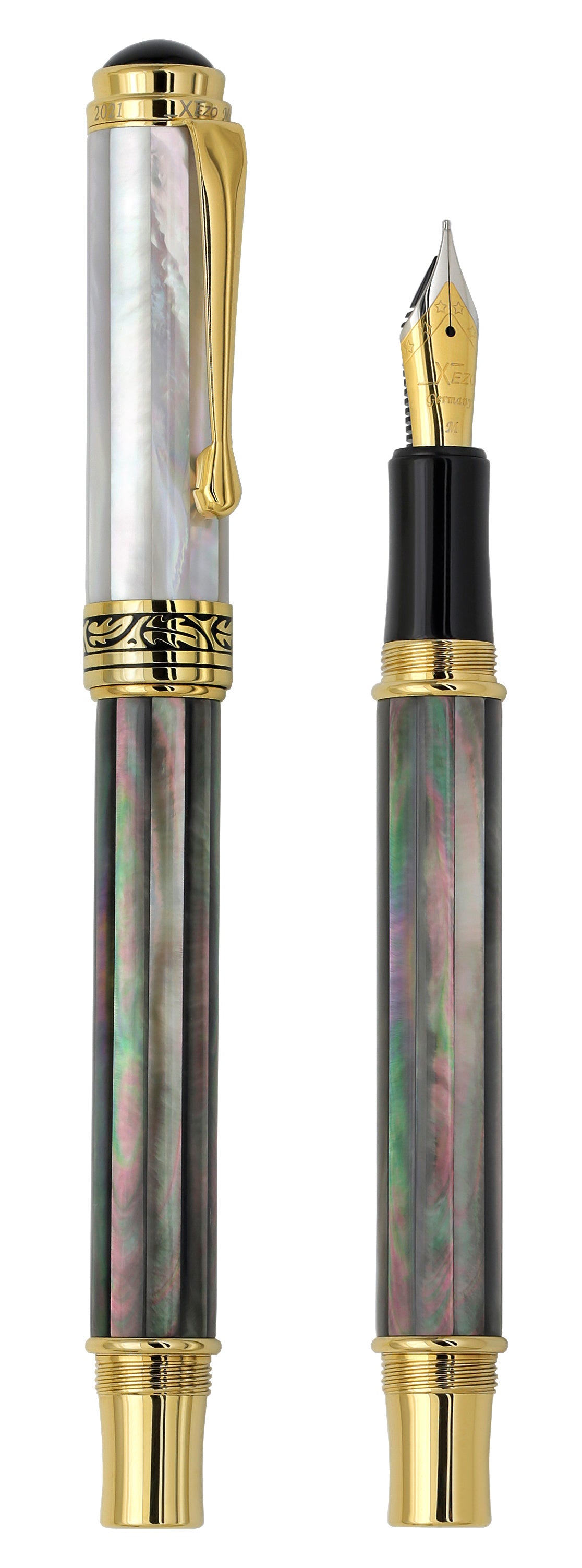 Xezo - Vertical view of two Maestro Black and White MOP FMG fountain pens. The pen on the left is capped, and the pen on the right has no cap