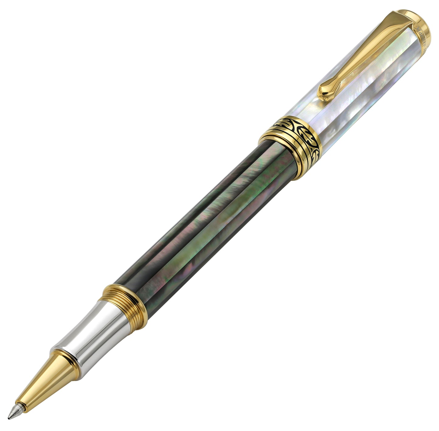 Xezo - Angled front view of the Maestro Black and White MOP RG rollerball pen, with the cap posted on the end of the barrel