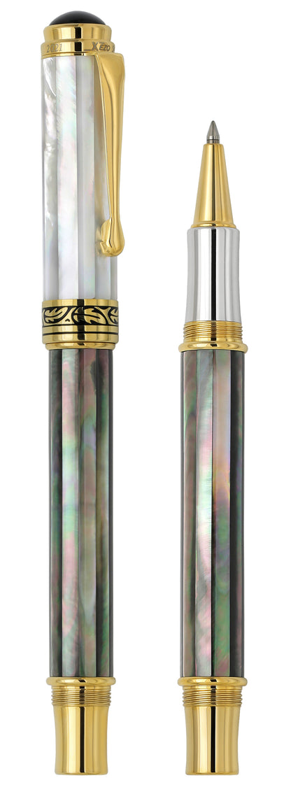 Xezo - Vertical view of two Maestro Black and White MOP RG rollerball pens. The pen on the left is capped, and the pen on the right has no cap