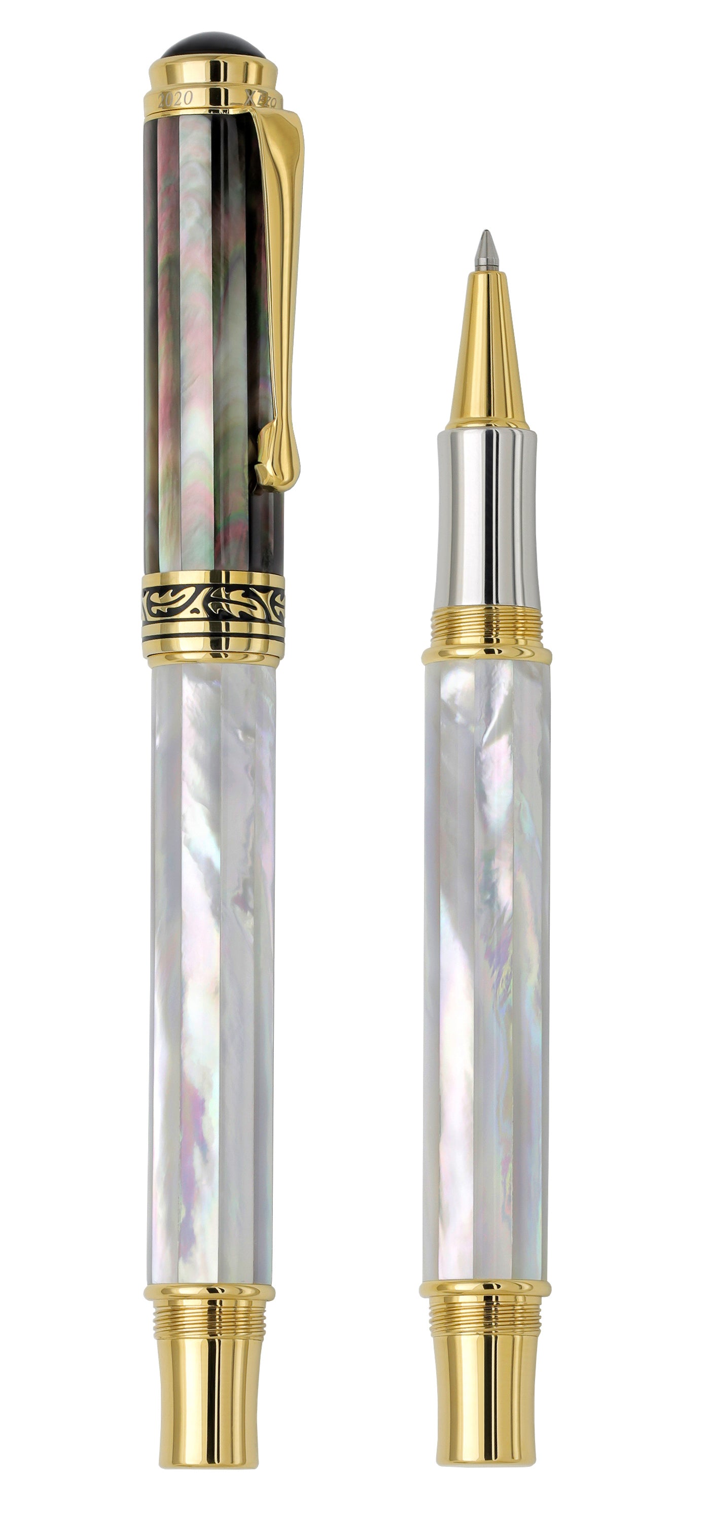 Xezo - Vertical view of two Maestro MOP RG rollerball pens. The pen on the left is capped, and the pen on the right has no cap