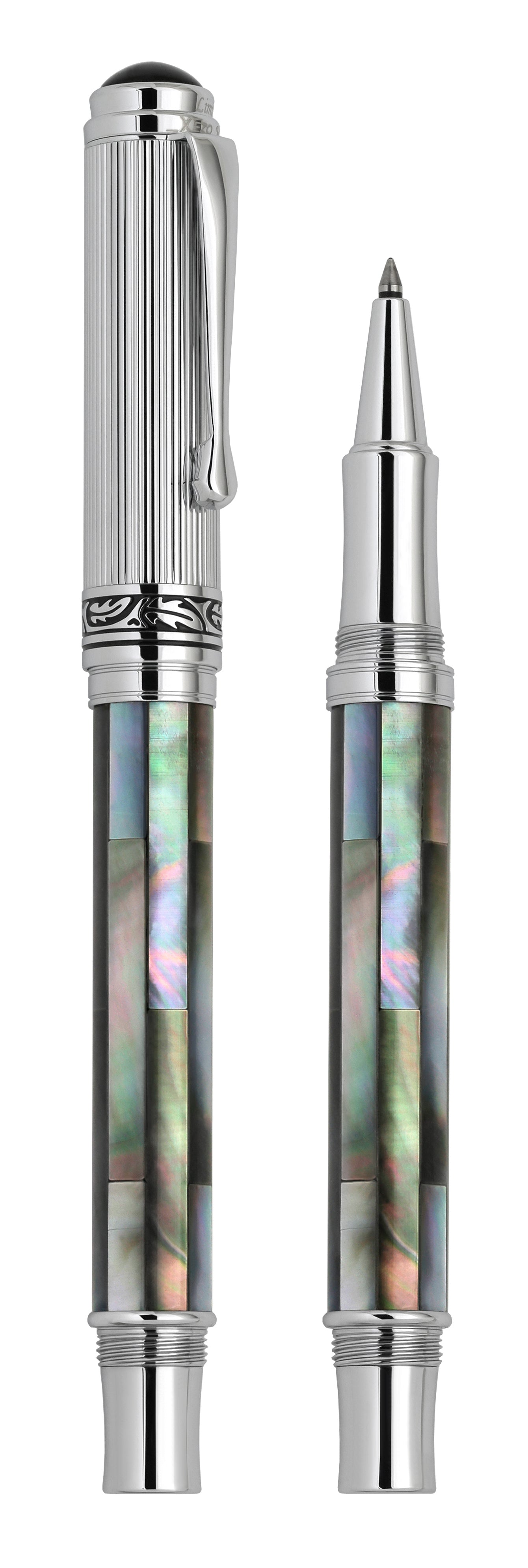 Vertical view of two Maestro Black MOP Chrome R rollerball pens. The pen on the left is capped, and the pen on the right has no cap