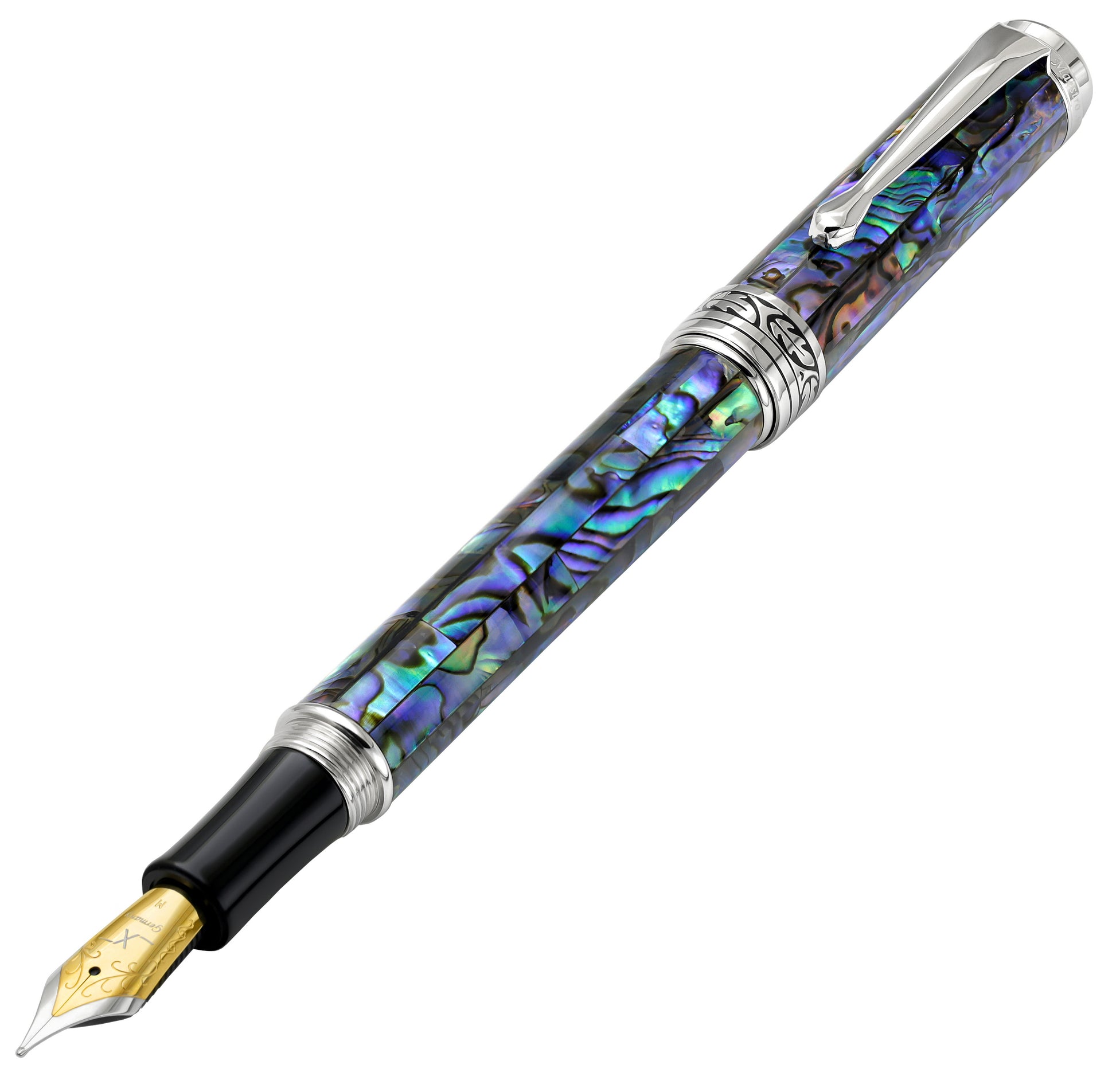 Xezo - Angled view of the Maestro Sea Shell FP-1 fountain pen, with the cap posted on the end of the barrel