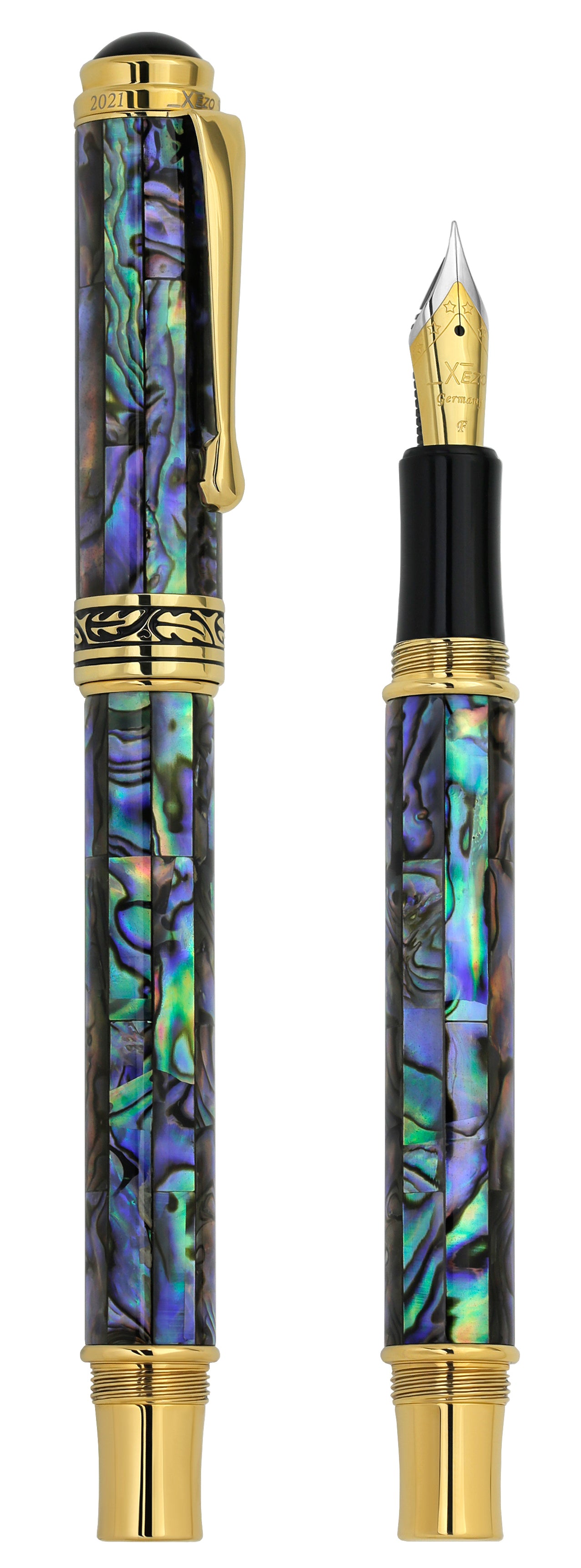 Xezo - Vertical view of two Maestro Sea Shell FPG-1 fountain pens. The pen on the left is capped, and the pen on the right has no cap