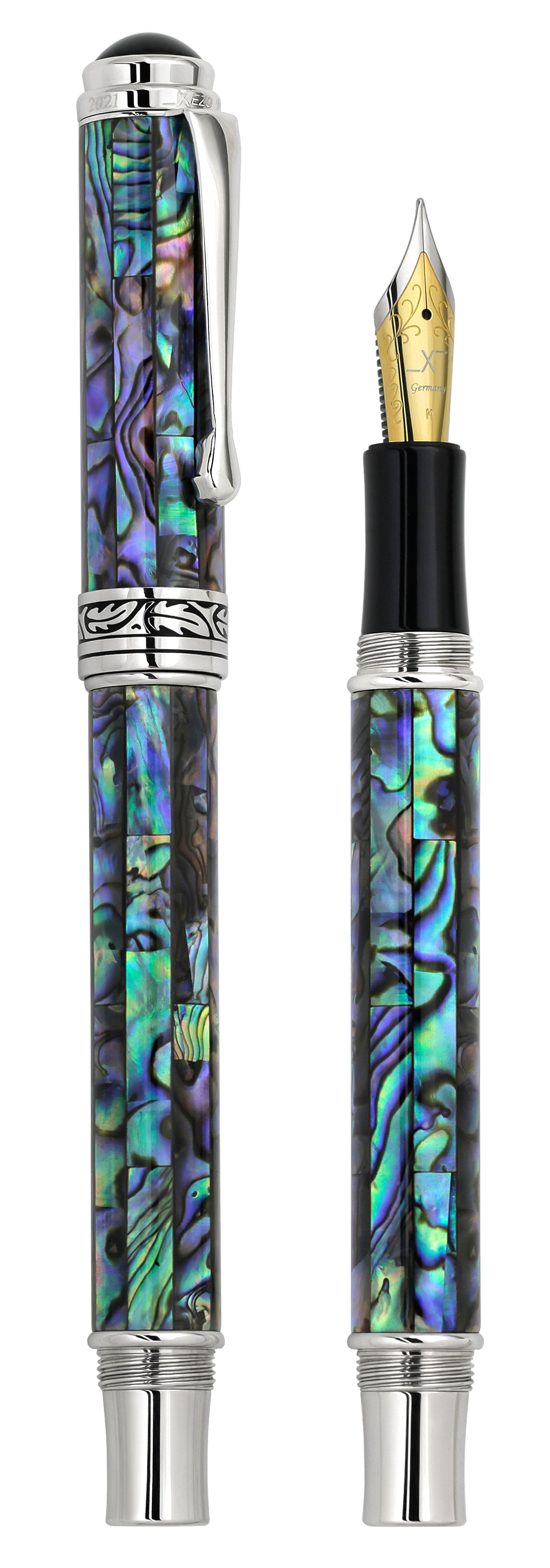 Xezo - Vertical view of two Maestro Sea Shell FP-1 fountain pens; the one on the left is capped, and the one on the right is uncapped