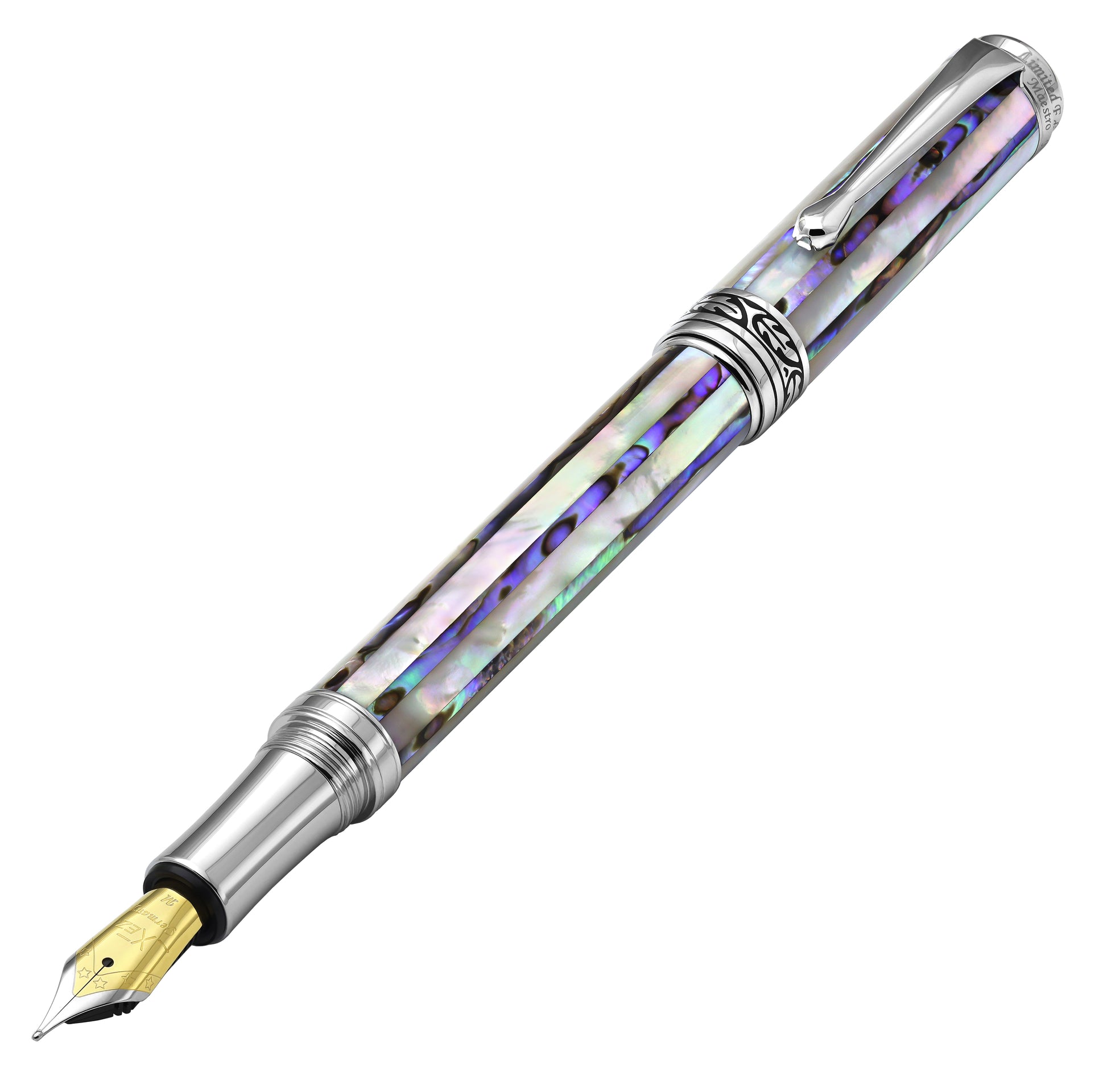 Maestro Jubilee MOP Abalone uncapped Fountain Pen at Angle