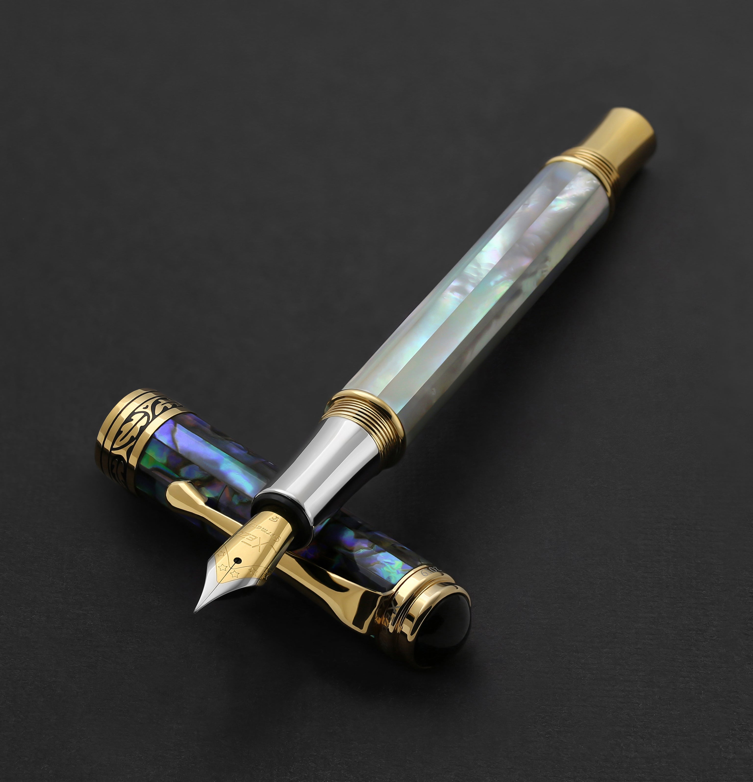 Xezo | Maestro MOP Sea Shell F | Maestro® 18K Gold Plated Fountain Pen  (Fine Nib) - Oceanic White Mother of Pearl & Paua Abalone