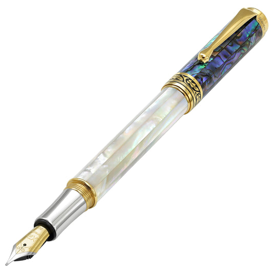 Xezo - Angled front view of the Maestro MOP Sea Shell FM fountain pen, with the cap posted on the end of the barrel