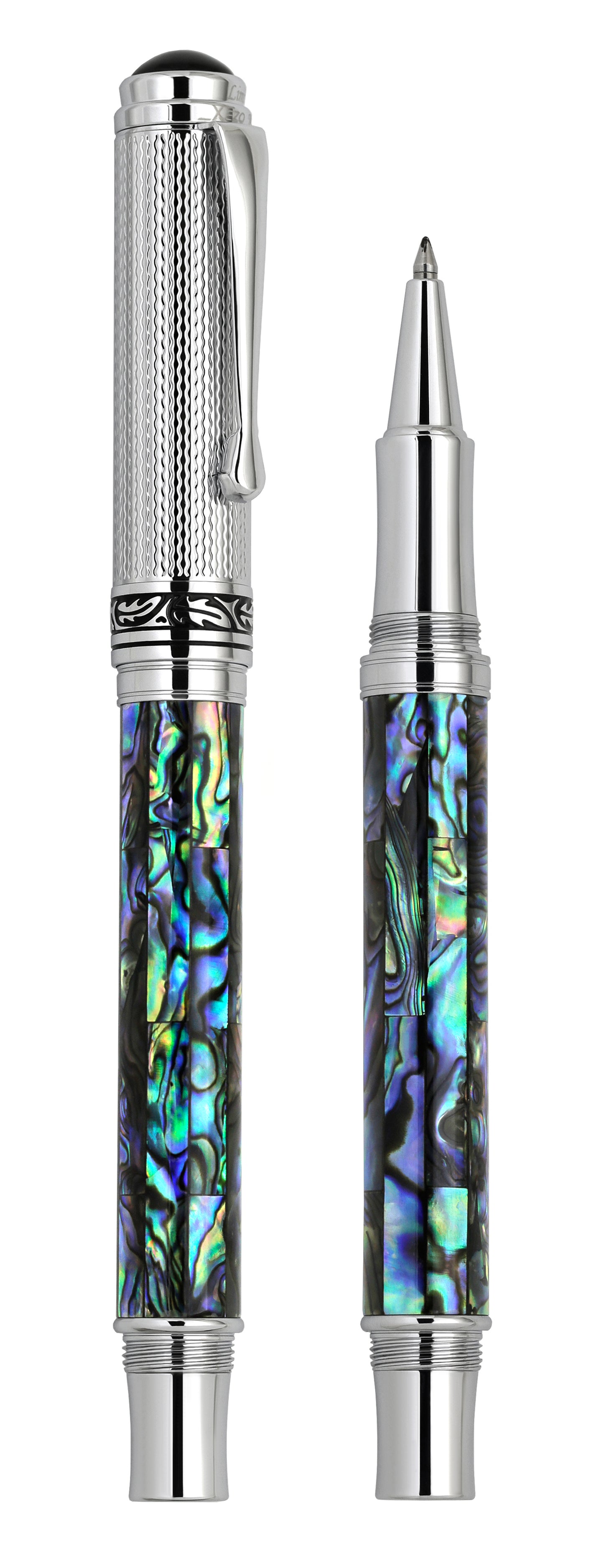 Xezo - Vertical view of two Maestro Paua Abalone Chrome R rollerball pens. The pen on the left is capped, and the pen on the right has no cap