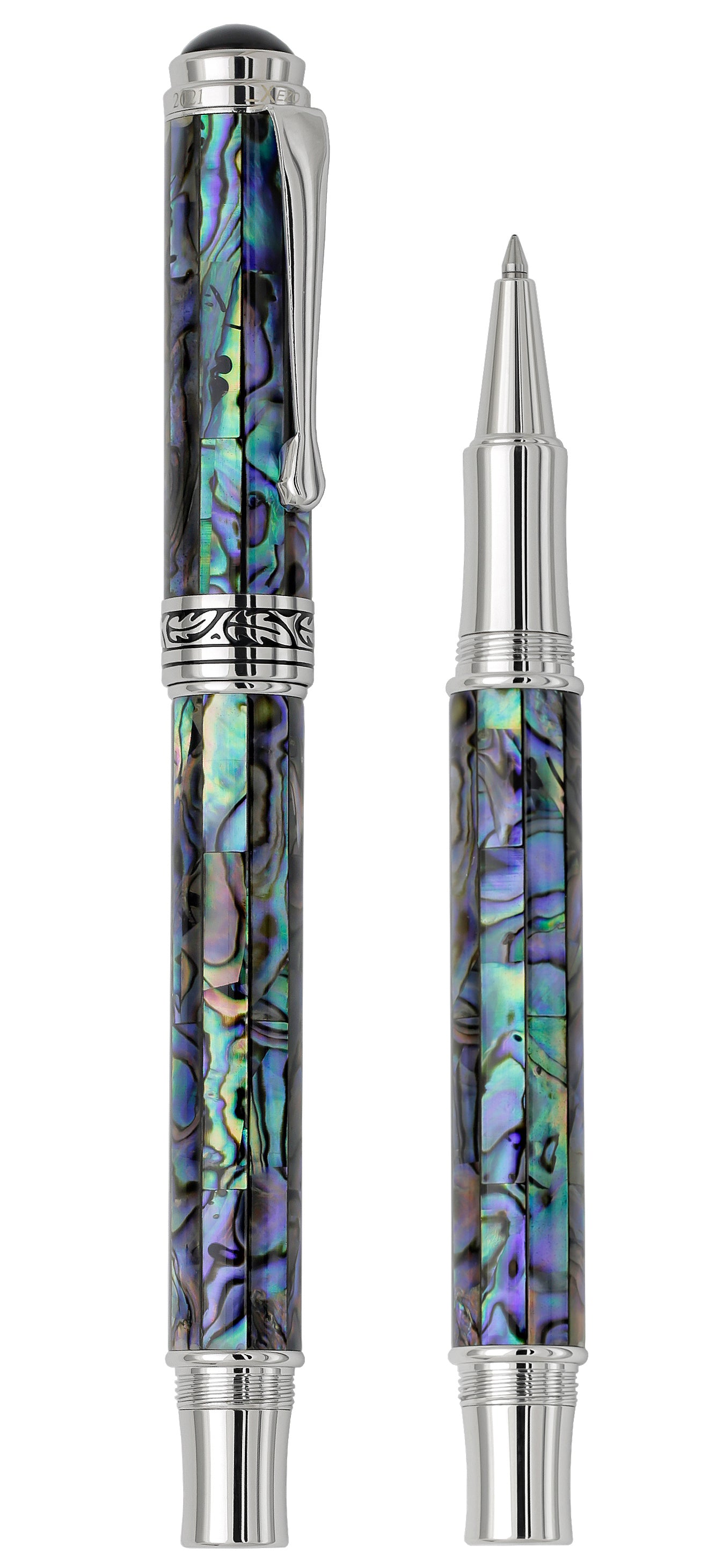 Xezo - Vertical view of two Maestro Sea Shell RP rollerball pens. The one on the left is capped, and the one on the right has no cap.