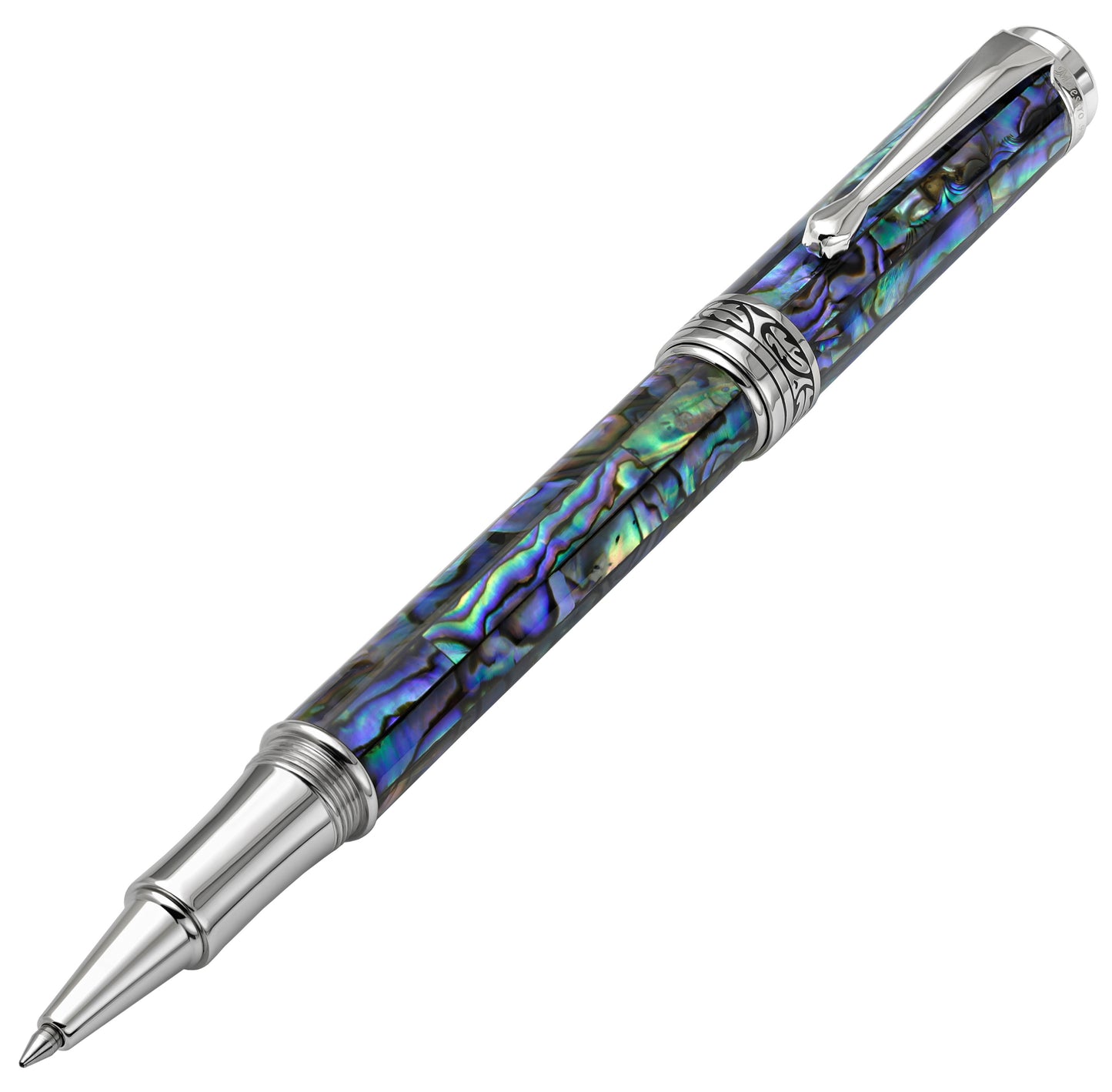 Xezo - Front angled view of the Maestro Sea Shell RP rollerball pen, with its cap posted on the end of the barrel