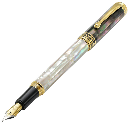 Xezo - Angled front view of the Maestro MOP FG fountain pen (facing left), with the cap posted on the end of the barrel