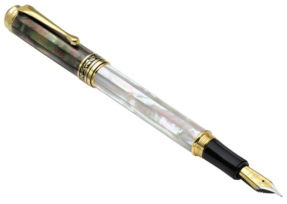 Xezo - Angled front view of the Maestro MOP FG fountain pen (facing right), with the cap posted on the end of the barrel