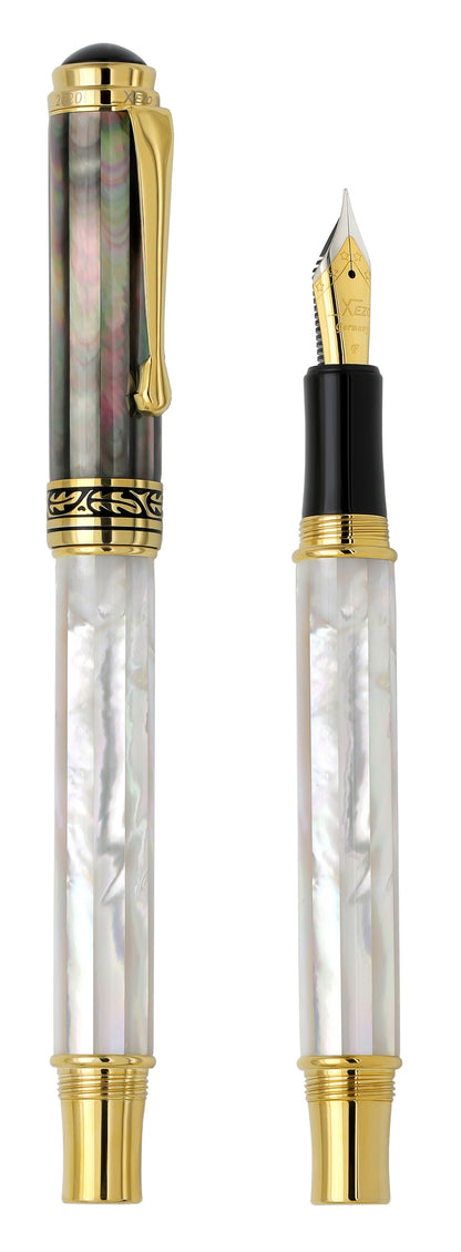 Xezo - Vertical view of two Maestro MOP FG fountain pens. The pen on the left is capped, and the pen on the right has no cap