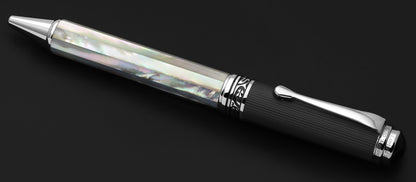Angled 3D view of the front of the Maestro White MOP PVD B ballpoint pen on a black background