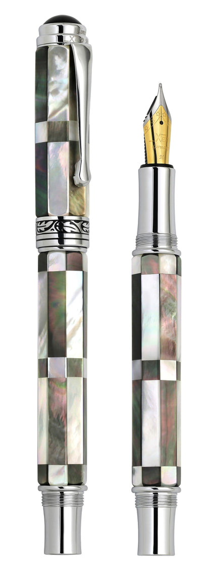 Xezo - Vertical view of two Maestro BW MOP FM1 fountain pens. The pen on the left is capped, and the pen on the right has no cap
