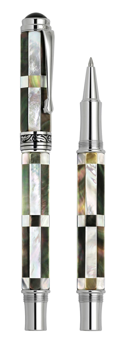 Xezo - Vertical view of two Maestro BW MOP R1 rollerball pens. The pen on the left is capped, and the pen on the right has no cap