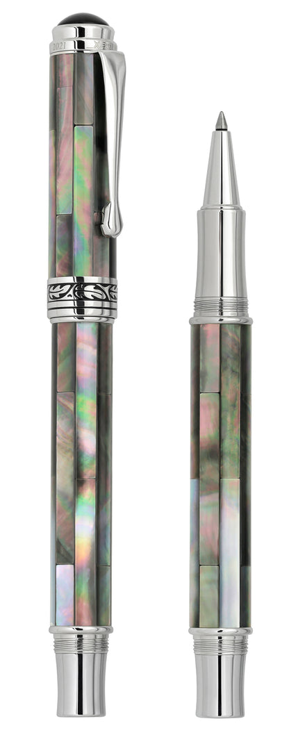 Xezo - Vertical view of two Maestro Black Mother of Pearl RBP-2 pens. The pen on the left is capped, and the pen on the right has no cap