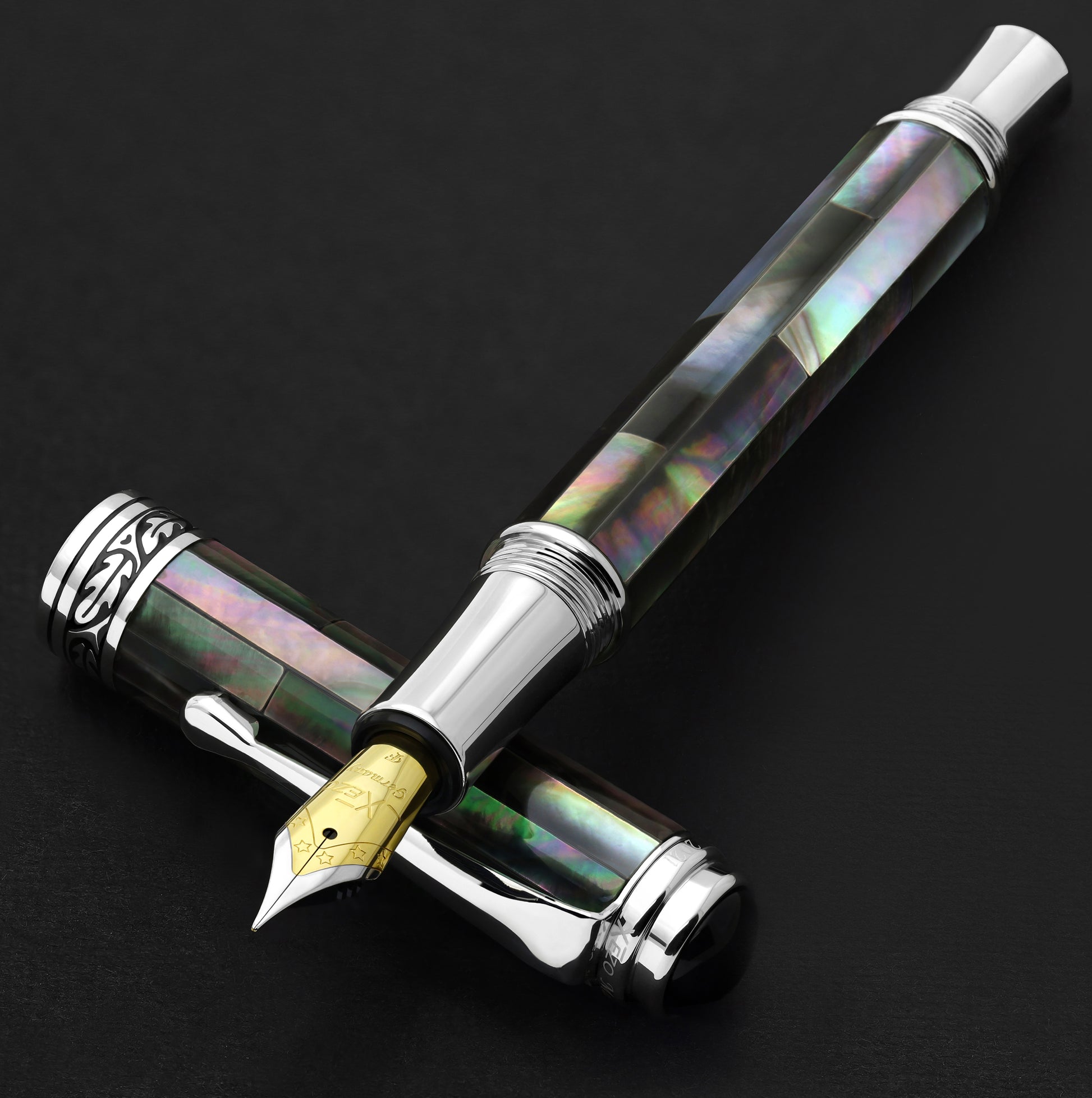 Xezo - Maestro Black Mother of Pearl FBP-2 Fountain pen resting on its cap