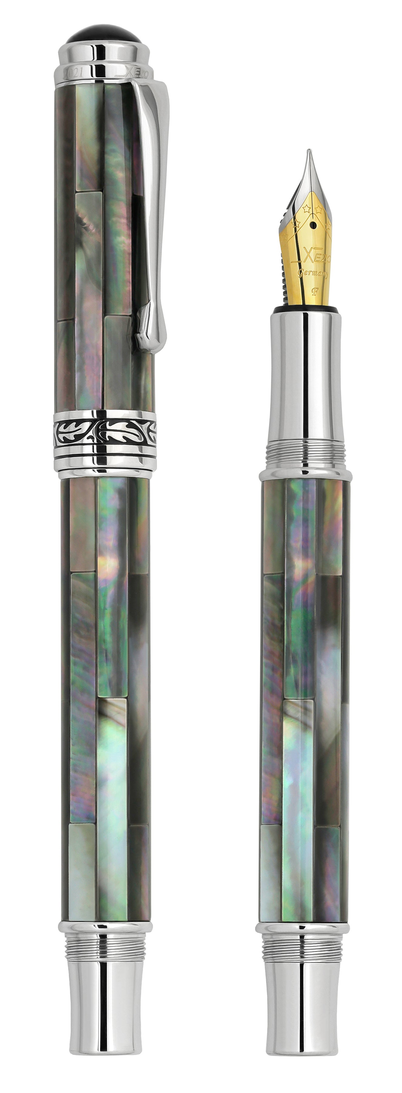 Xezo - Vertical view of two Maestro Black Mother of Pearl FBP-2 pens. The pen on the left is capped, and the pen on the right has no cap