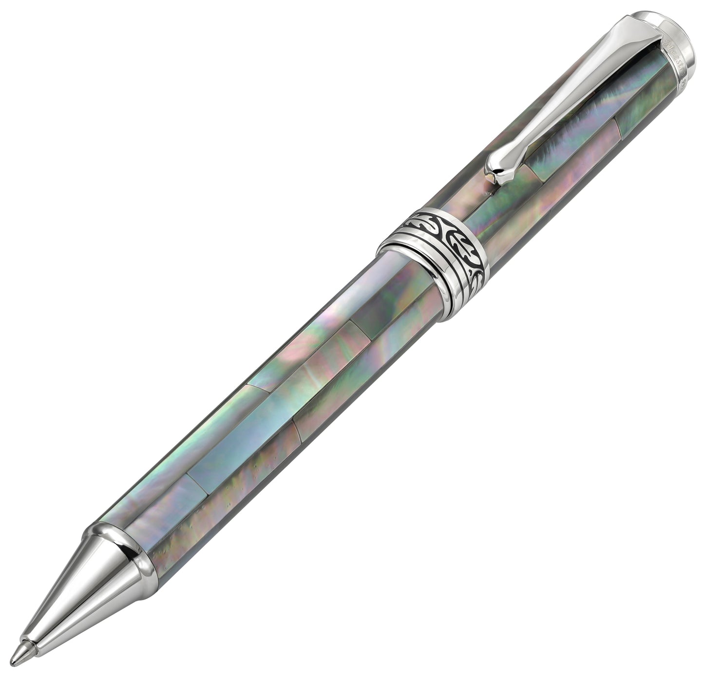 Xezo - Angled front view of the Maestro Black Mother of Pearl B ballpoint pen
