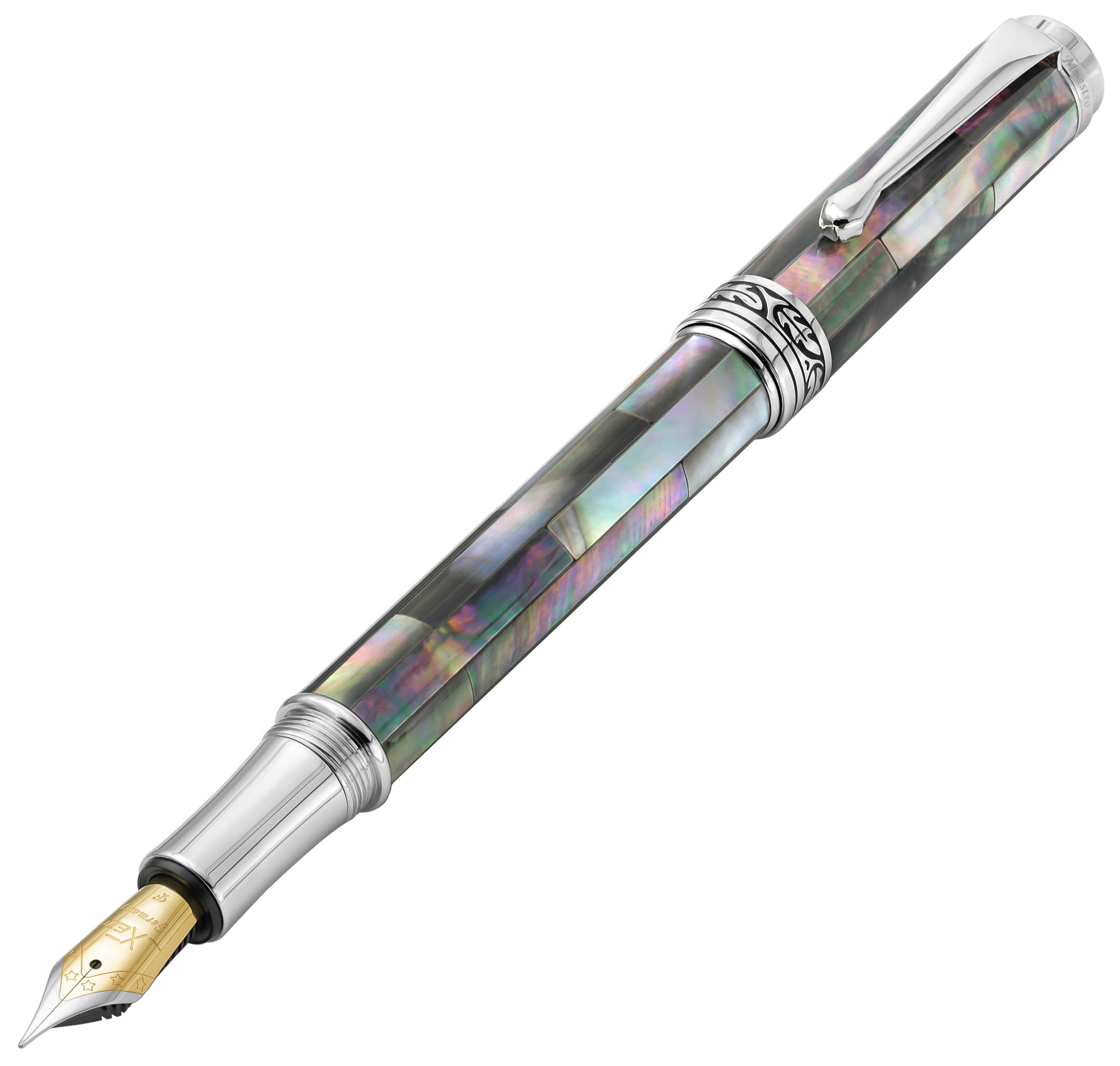 Xezo - Angled front view of the Maestro Black Mother of Pearl FBP-2 fountain pen, with the cap posted on the end of the barrel