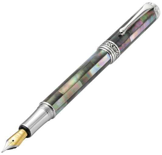 Xezo - Angled front view of the Maestro Black Mother of Pearl FBP-M fountain pen, with the cap posted on the end of the barrel