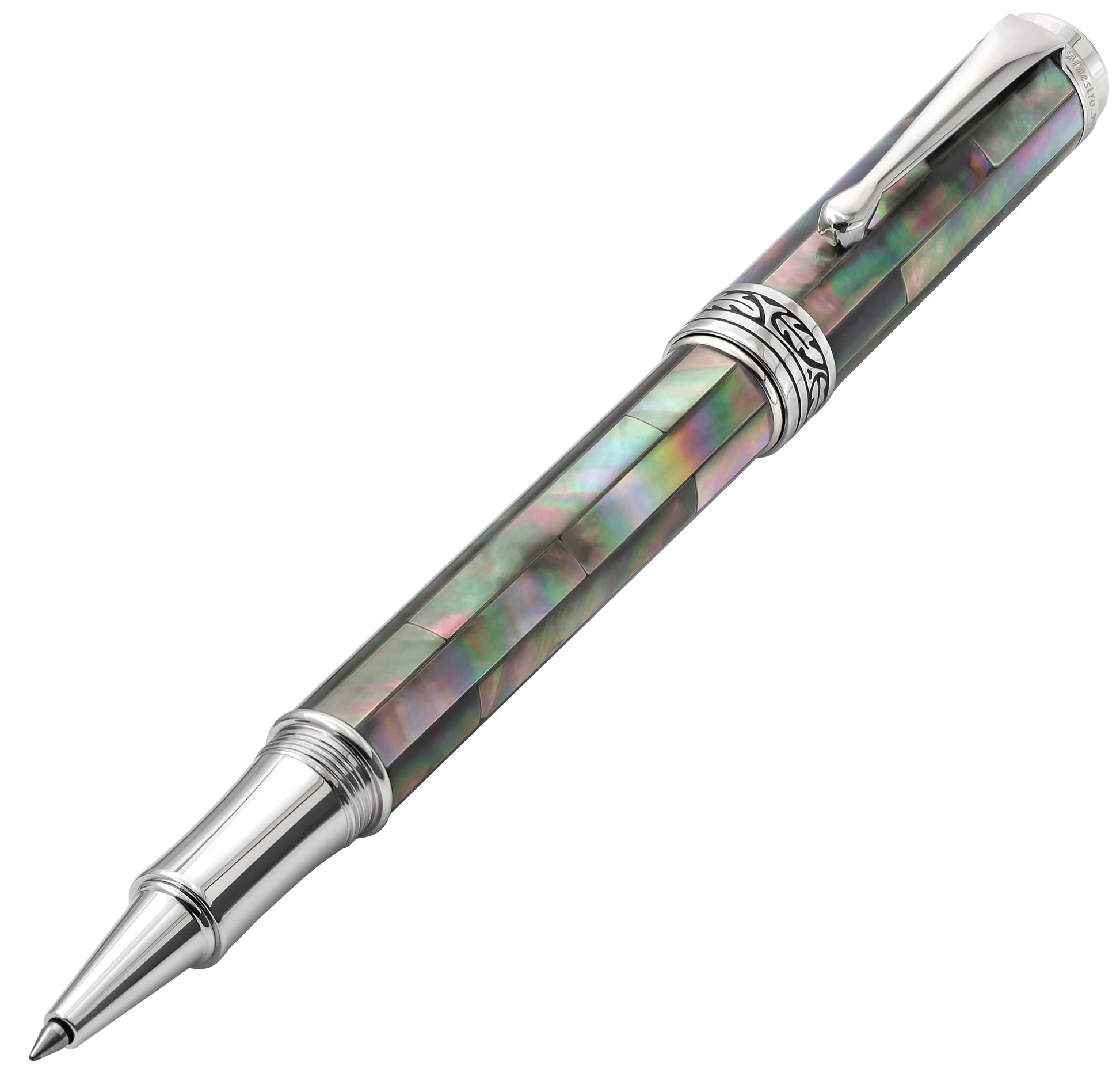 Xezo - Angled front view of the Maestro Black Mother of Pearl RBP-2 pen, with the cap posted on the end of the barrel