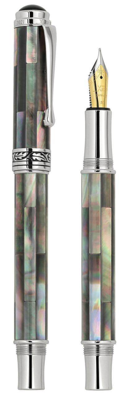 Xezo - Vertical view of two Maestro Black Mother of Pearl FBP-M fountain pens. The pen on the left is capped, and the pen on the right has no cap