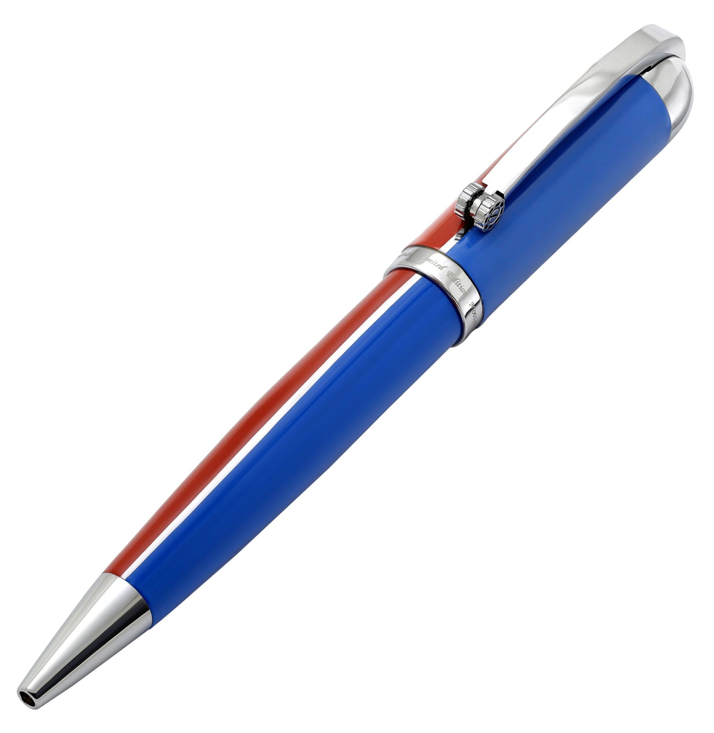 Xezo - Angled 3D view of the Visionary Red/Blue B ballpoint pen in neutral-tip position