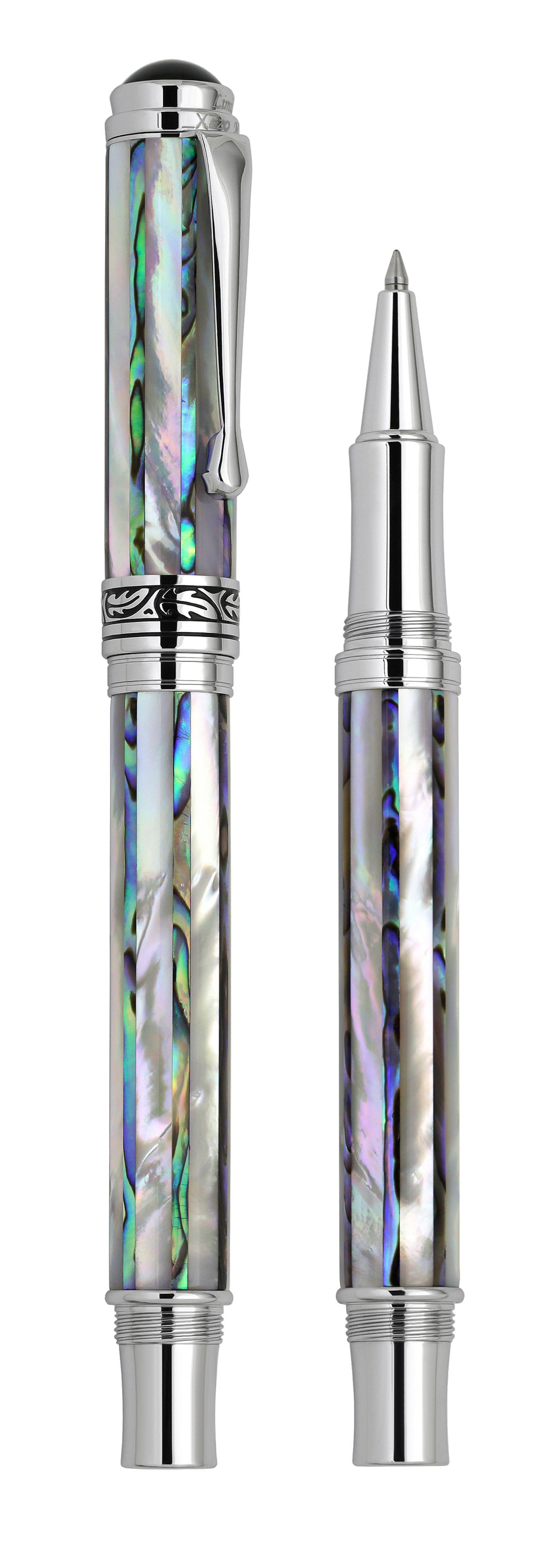 Maestro Jubilee mother-of-pearl Abalone rollerball pen capped and uncapped vertically view