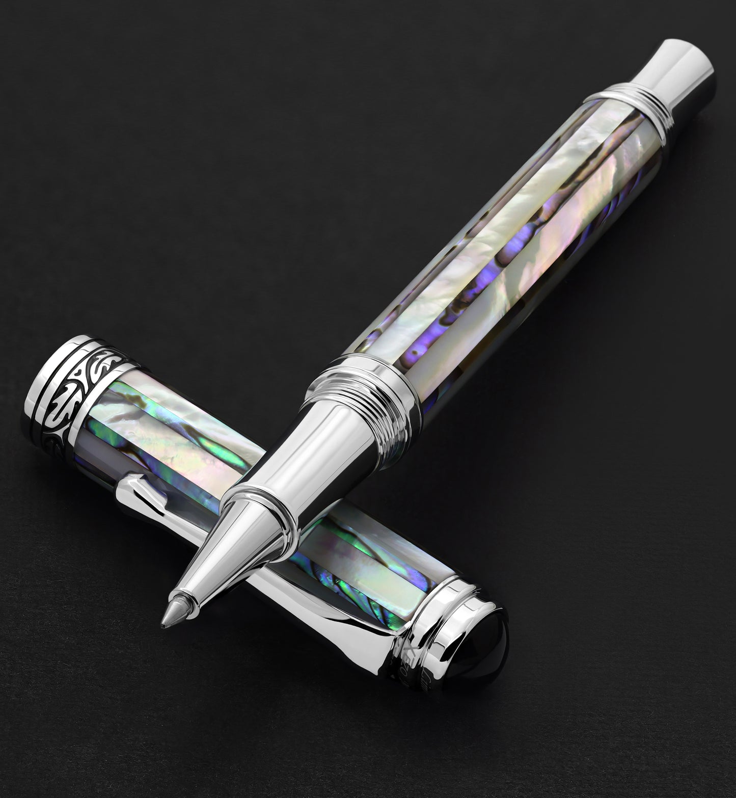 Maestro Jubilee mother-of-pearl Abalone rollerball pen uncaped stacked