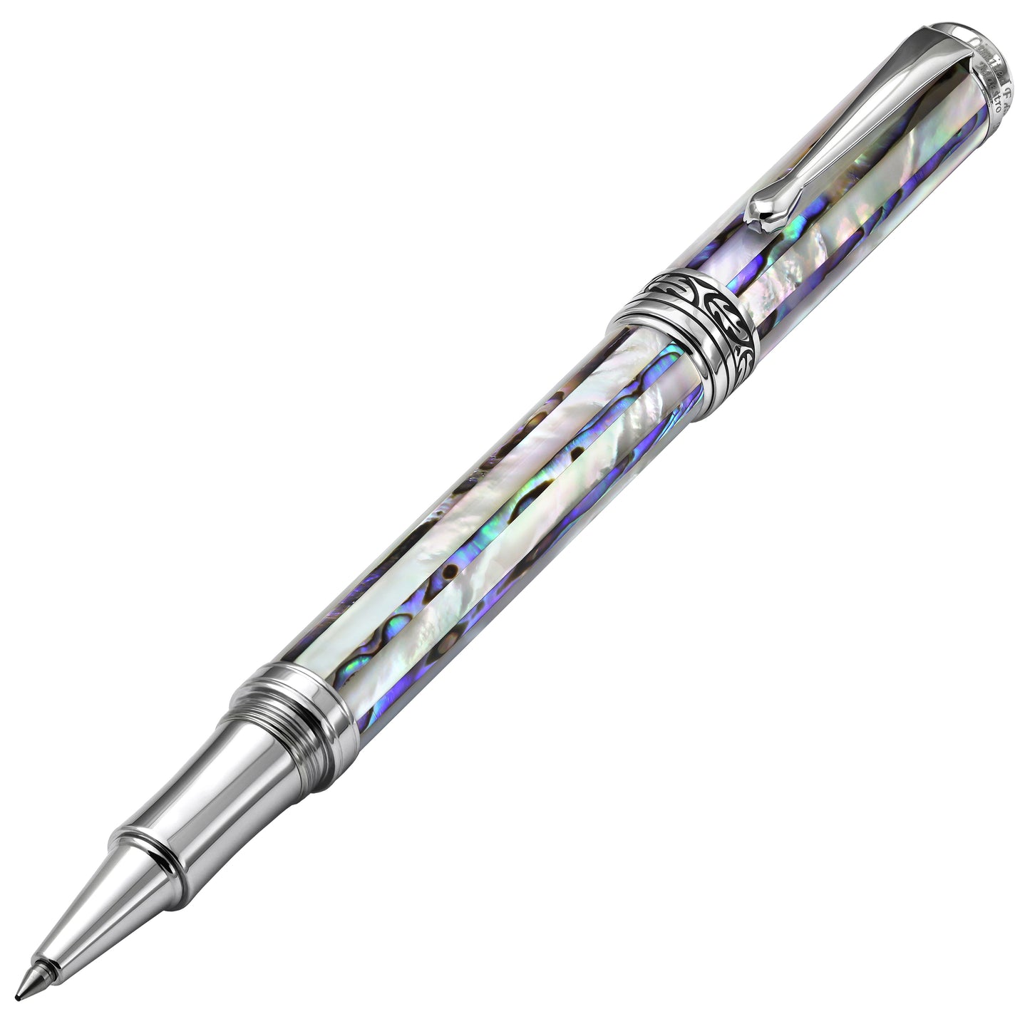 Maestro Jubilee mother-of-pearl Abalone Shell rollerball Pen Uncapped at an Angle