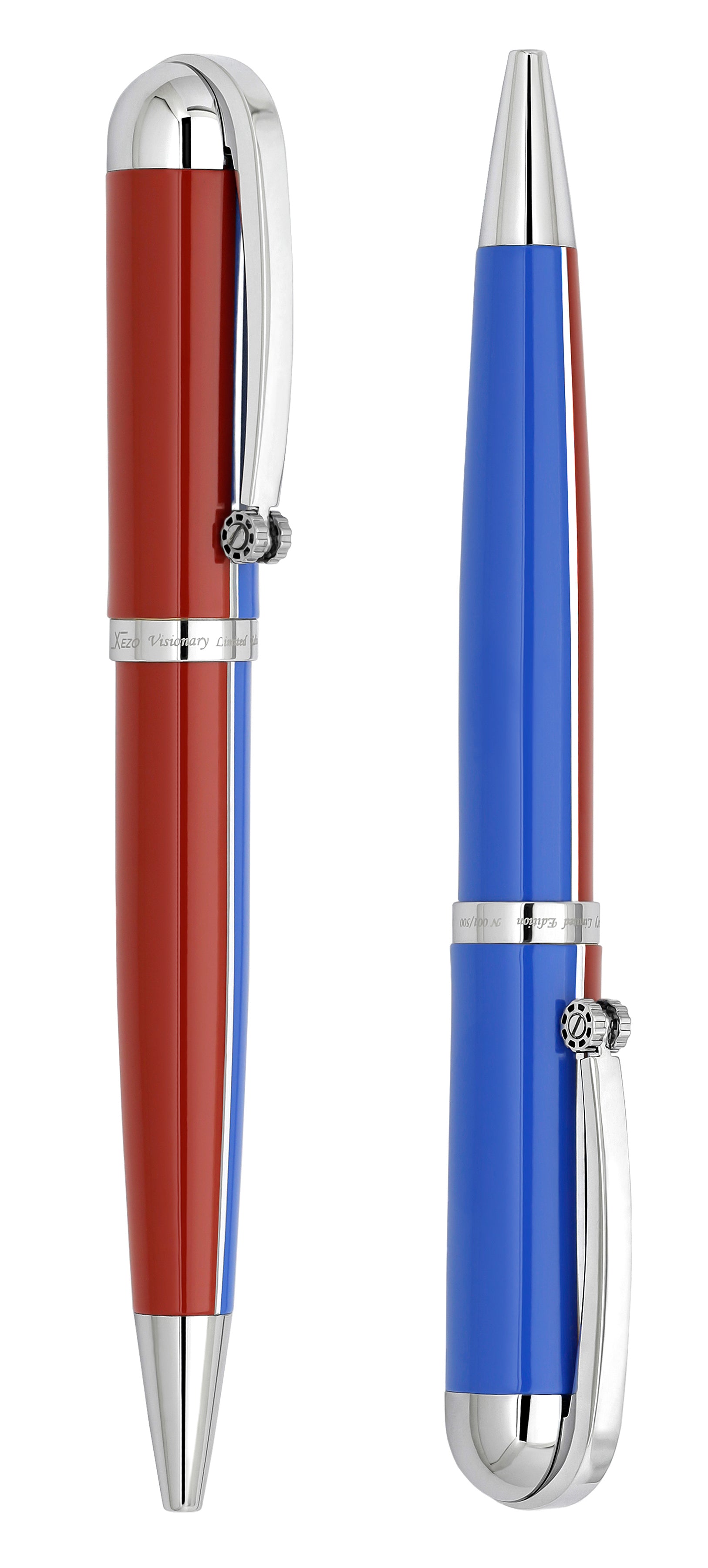 Xezo - Comparison between two side views of the Visionary Red/Blue B ballpoint pen in neutral-tip position