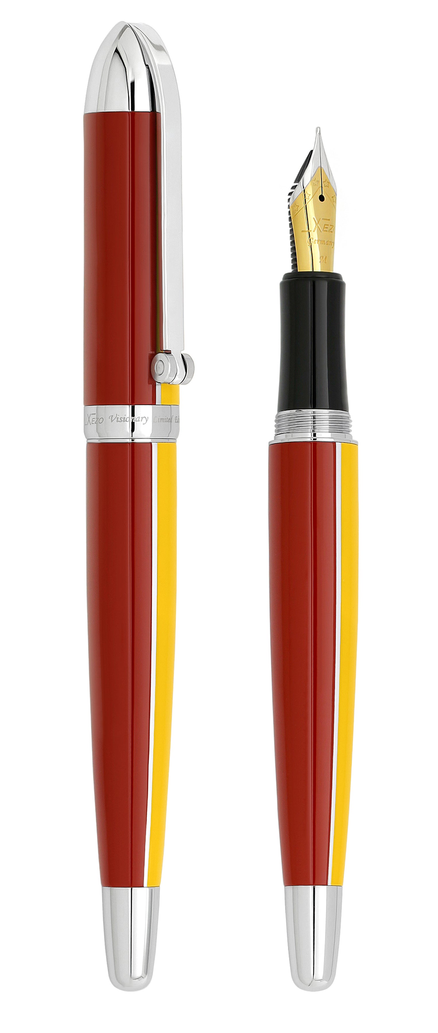 Xezo - Comparison between 3/4 view of capped and uncapped Visionary Aspen/Red FM fountain pens