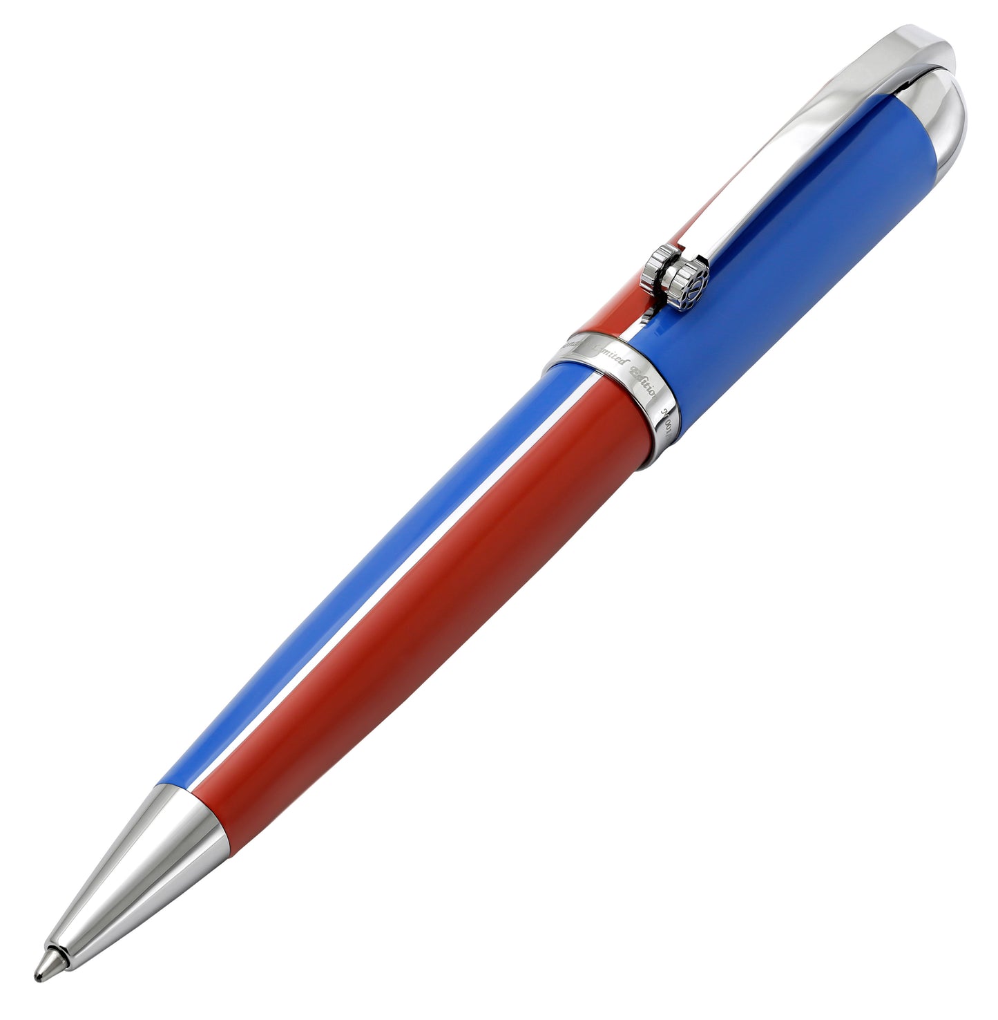 Xezo - Angled 3D view of the Visionary Red/Blue B ballpoint pen in twisted-tip position