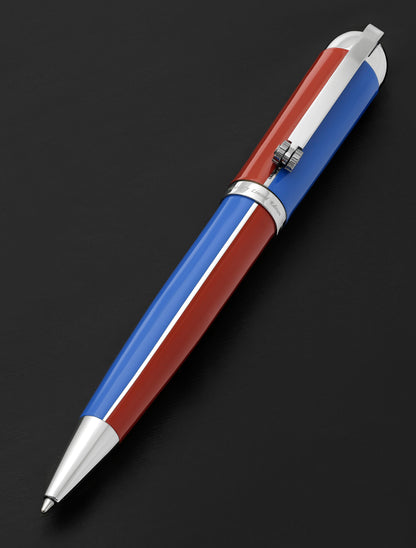 Xezo - Overview of the front of the Visionary Red/Blue B ballpoint pen in twisted-tip position